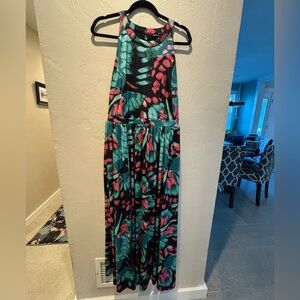 Sleeveless Floral Maxi Dress in Teal & Pink with Pockets